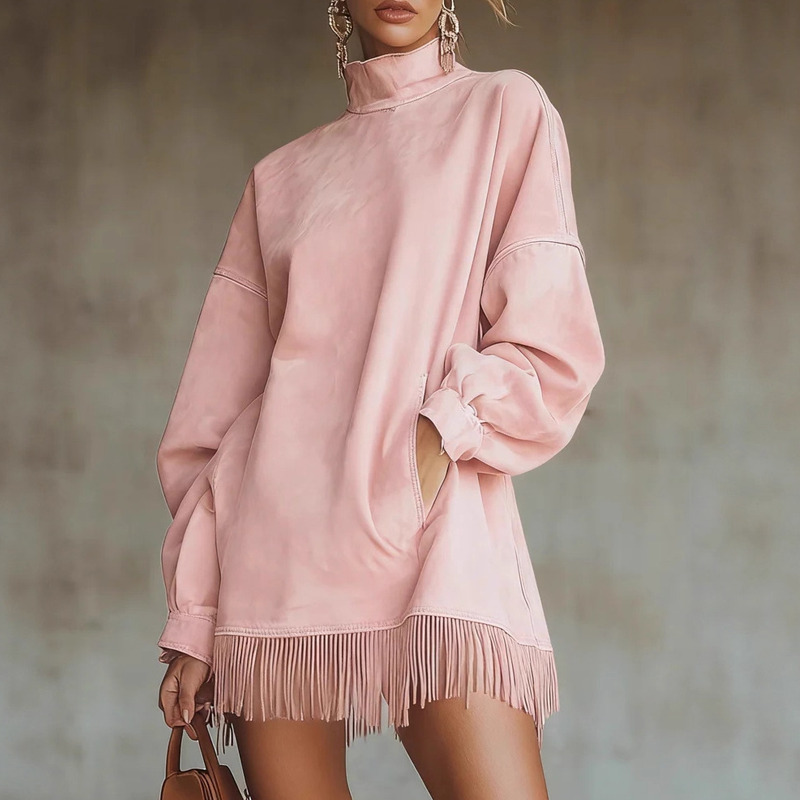 Casual Turtleneck Pocket Dress with Tassel Hem