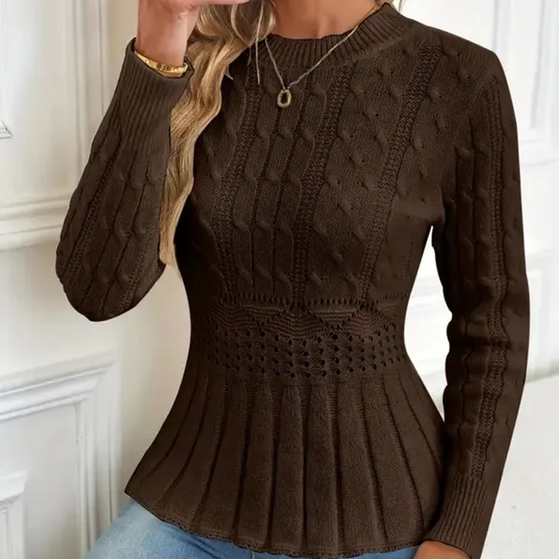 Damen Pullover mit grobem Strick, Rundhalsausschnitt und Peplum-Saum