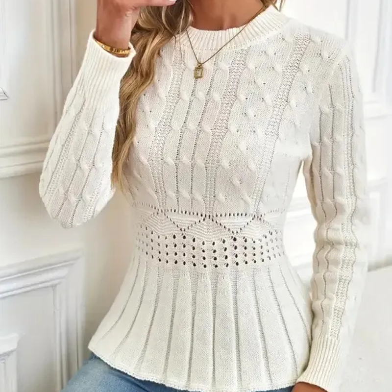 Damen Pullover mit grobem Strick, Rundhalsausschnitt und Peplum-Saum