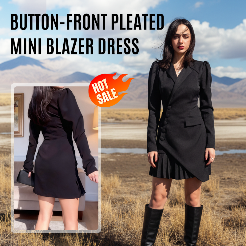 🖤Black Friday 50 % Rabatt 💥Mini-Blazerkleid mit Knopfleiste und Falten