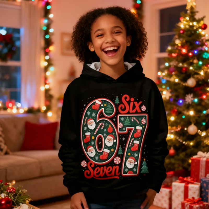 Kinder Weihnachts-Kapuzenpullover mit „67“ Grafik-Print