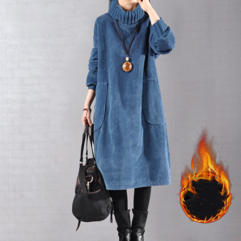 ✨🎅Weihnachtsangebote – Nur für kurze Zeit!⏰Hochgeschlossenes, lockeres Maxikleid aus Cord für Damen