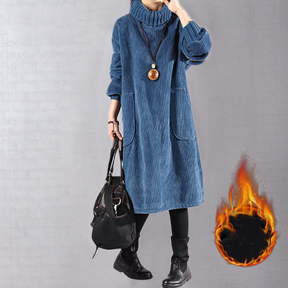 ✨🎅Weihnachtsangebote – Nur für kurze Zeit!⏰Hochgeschlossenes, lockeres Maxikleid aus Cord für Damen