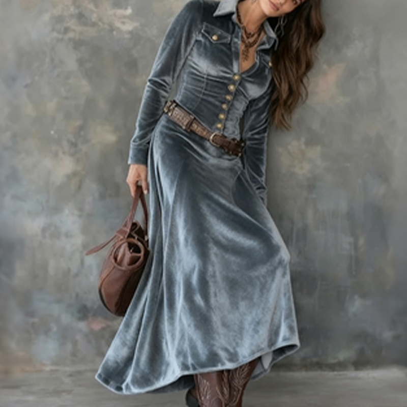 Damen Maxikleid aus Kunstsamt mit langen Ärmeln🔥Kostenloser Versand