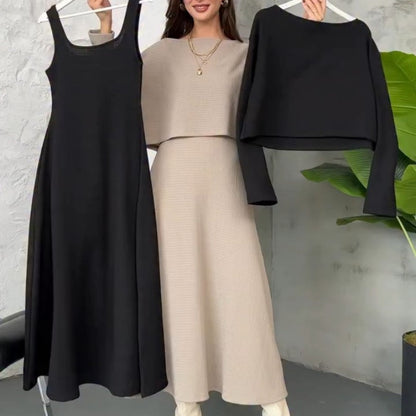 🔥Neuheiten Sonderangebot💃 2-teiliges Strick-Outfit für Damen: Midikleid mit Spaghettiträgern und bauchfreies Oberteil