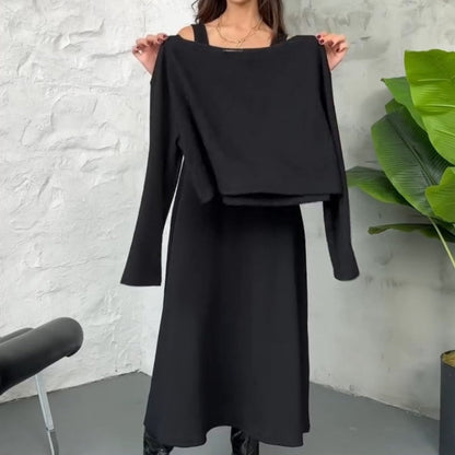 🔥Neuheiten Sonderangebot💃 2-teiliges Strick-Outfit für Damen: Midikleid mit Spaghettiträgern und bauchfreies Oberteil