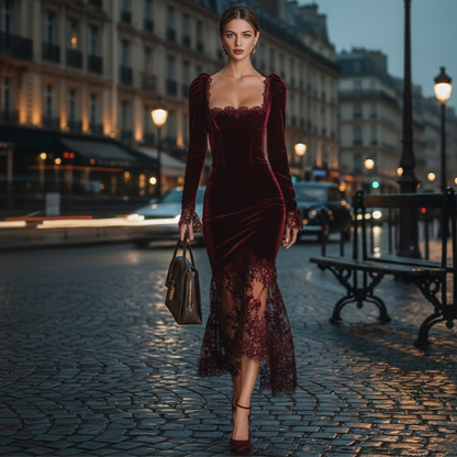 Damenkleid mit quadratischem Ausschnitt und Spitzenverzierung