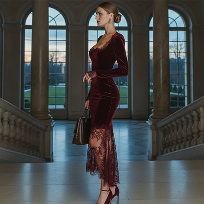 Damenkleid mit quadratischem Ausschnitt und Spitzenverzierung