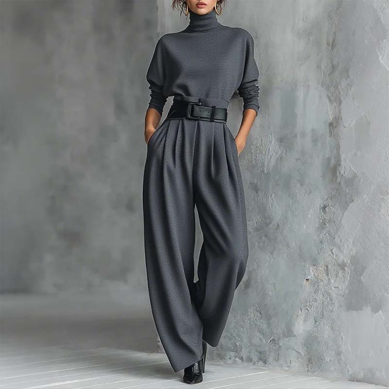 Eleganter Damen-Zweiteiler: Rollkragen-Shirt & Hose mit hohem Bund