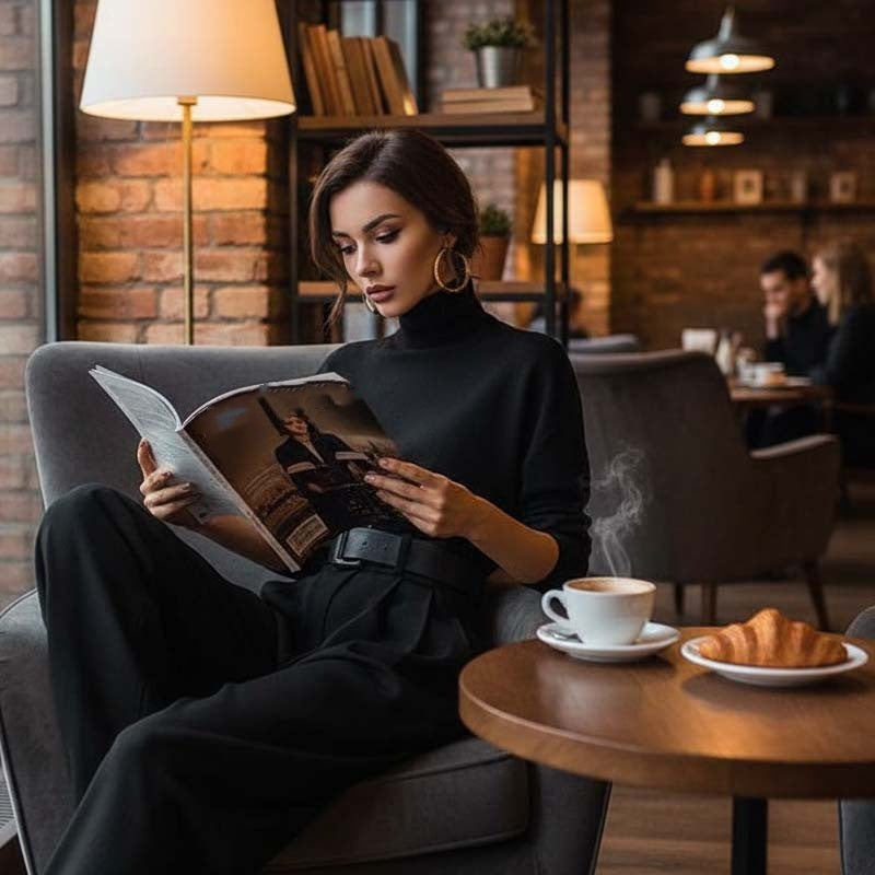 Eleganter Damen-Zweiteiler: Rollkragen-Shirt & Hose mit hohem Bund