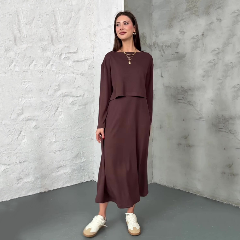 Langärmelige Crop-Tops und ärmellose Kleider für Damen, 2-teiliges Set