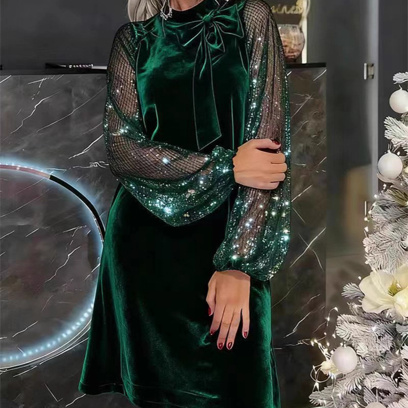 Damen Paillettenkleid mit Schleife am Kragen