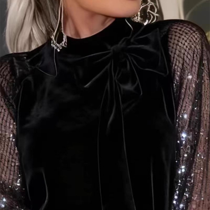 Damen Paillettenkleid mit Schleife am Kragen