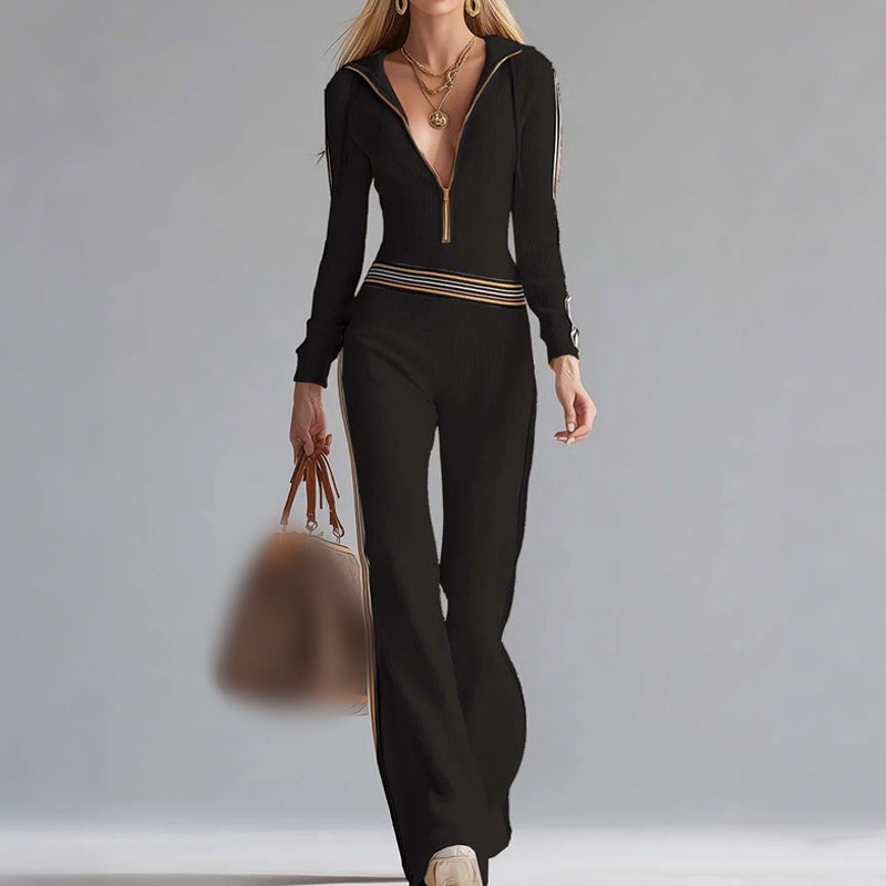 Hose mit Kapuze, V-Ausschnitt und Reißverschluss für Damen