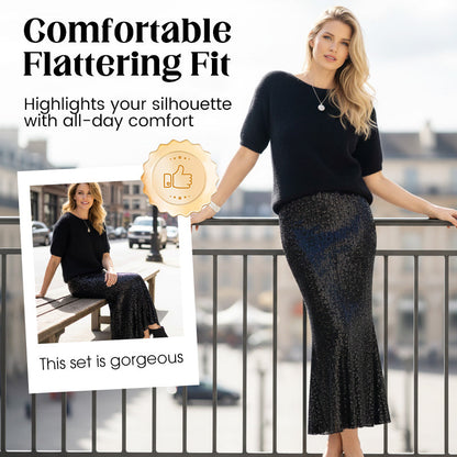 Damen zweiteiliges Set: Strickoberteil und Paillettenrock