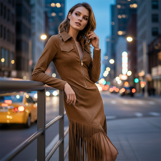 Trending Now⭐👗 Western Fringe Zipper Midi Dress – Body-Contouring Fit &amp; Playful Hem for Effortless Statement Style
