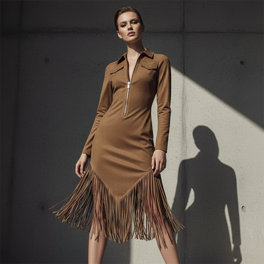 Trending Now⭐👗 Western Fringe Zipper Midi Dress – Body-Contouring Fit &amp; Playful Hem for Effortless Statement Style