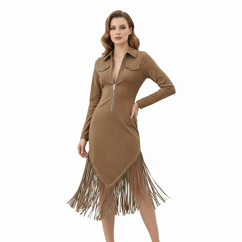 Trending Now⭐👗 Western Fringe Zipper Midi Dress – Body-Contouring Fit &amp; Playful Hem for Effortless Statement Style