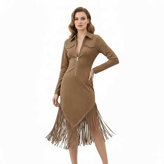 Trending Now⭐👗 Western Fringe Zipper Midi Dress – Body-Contouring Fit &amp; Playful Hem for Effortless Statement Style