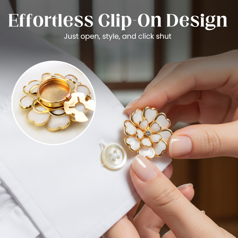 Zweiteiliges Schmuckset: Manschettenknöpfe &amp; Brosche mit Rhinestone-Blütendesign ✨🌷 Vielseitig tragbar – Für festliche Anlässe &amp; elegante Alltagsakzente