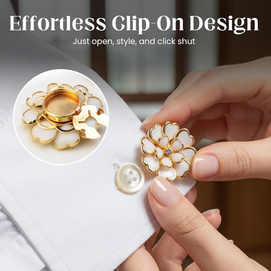 Zweiteiliges Schmuckset: Manschettenknöpfe &amp; Brosche mit Rhinestone-Blütendesign ✨🌷 Vielseitig tragbar – Für festliche Anlässe &amp; elegante Alltagsakzente