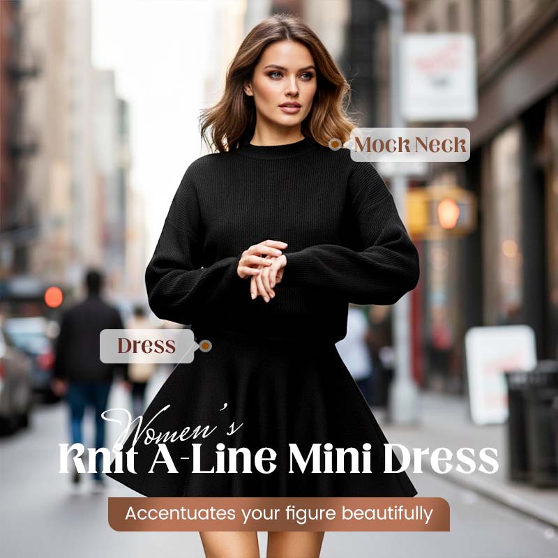 ✨🌸Damen-Minikleid aus Strick mit Stehkragen und A-Linien-Schnitt👗