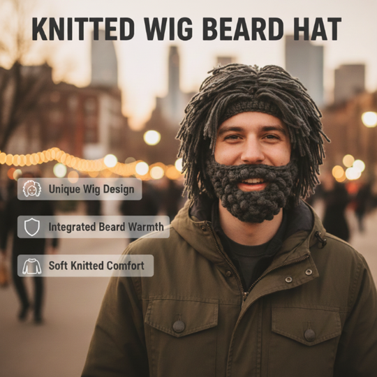 📢📢60 %  RABATT !! ⏰Punk-Style-Hut mit angebrachter einfacher Perücke und gestrickter Bart