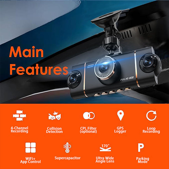 💎 60% RABATT! 💎 4-Kanal-HD-Dashcam mit Front-, Innen- und Heckaufzeichnung – 1080p, WLAN, GPS &amp; 24/7 Parküberwachung 🚗📹