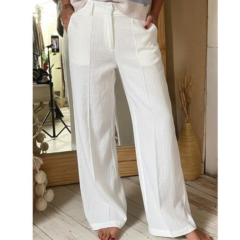 Lässige Damenhose mit hohem Bund, weitem, geradem Bein