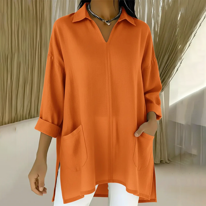 Damen-Tunika mit V-Ausschnitt, Hemdkragen und Taschen