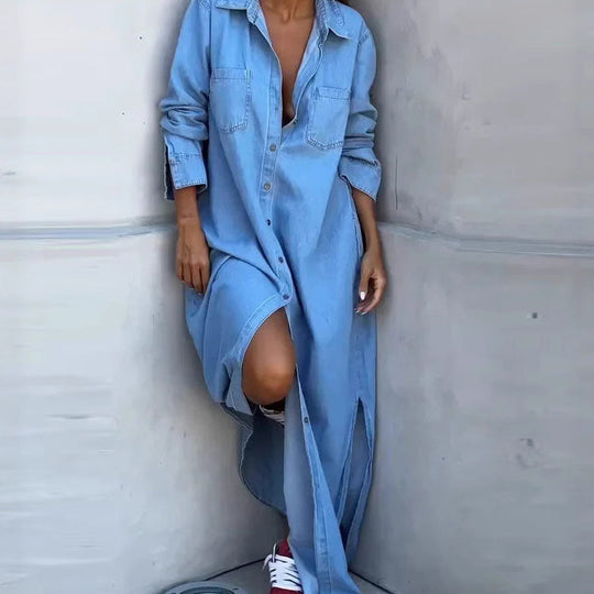 🎉 50% RABATT!👖 Damen-Denim-Maxikleid: Knopfleiste + Seitenschlitze – vielseitig als Kleid oder Jacke