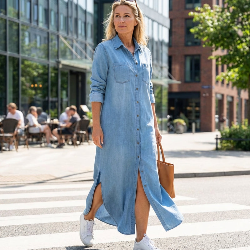 🎉 50% RABATT!👖 Damen-Denim-Maxikleid: Knopfleiste + Seitenschlitze – vielseitig als Kleid oder Jacke
