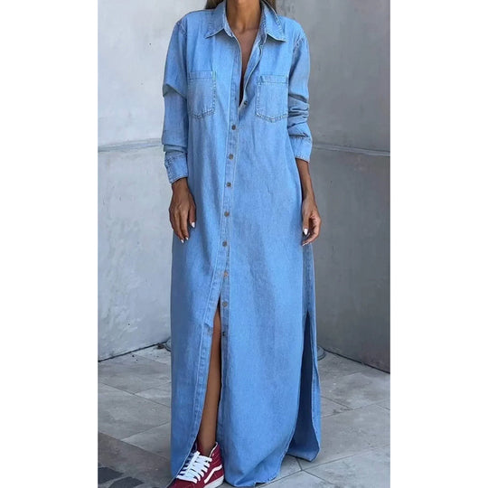 🎉 50% RABATT!👖 Damen-Denim-Maxikleid: Knopfleiste + Seitenschlitze – vielseitig als Kleid oder Jacke