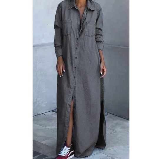 🎉 50% RABATT!👖 Damen-Denim-Maxikleid: Knopfleiste + Seitenschlitze – vielseitig als Kleid oder Jacke