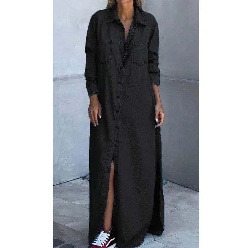 🎉 50% RABATT!👖 Damen-Denim-Maxikleid: Knopfleiste + Seitenschlitze – vielseitig als Kleid oder Jacke
