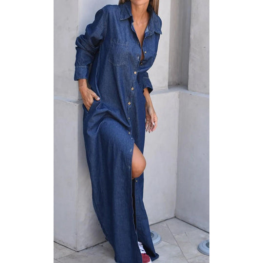 🎉 50% RABATT!👖 Damen-Denim-Maxikleid: Knopfleiste + Seitenschlitze – vielseitig als Kleid oder Jacke