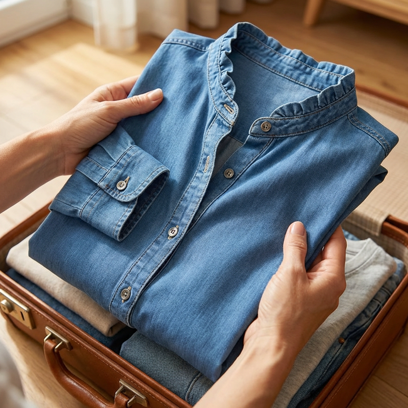 Damen-Freizeithemd mit Rüschen und V-Ausschnitt