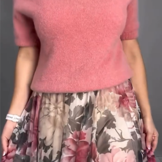 Elegantes 2-teiliges Set aus gestricktem Oberteil mit Blumenmuster und Midirock
