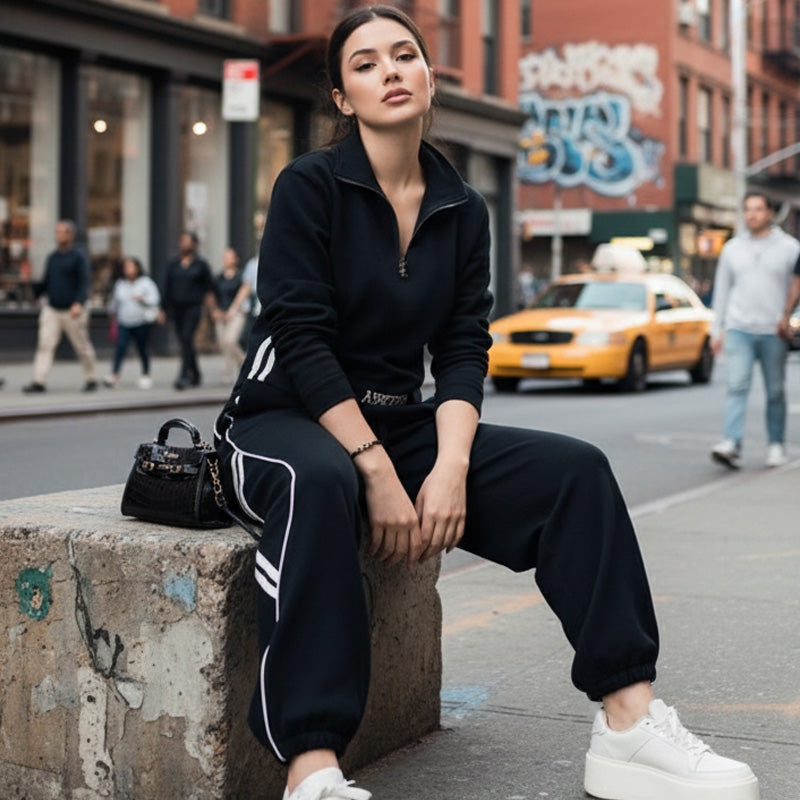 Damen-Freizeit-Trainingsanzug-Set mit halbem Reißverschluss