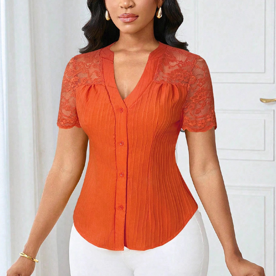 🌼LETZTER TAG – 60 % RABATT👚Sommerbluse mit V-Ausschnitt, Spitzenärmeln und Knopfleiste für Damen