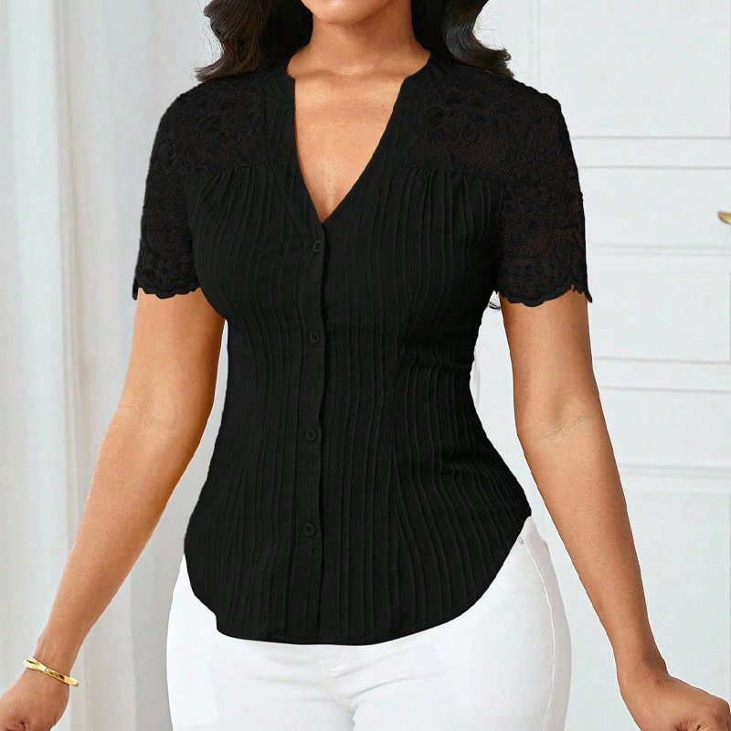 🌼LETZTER TAG – 60 % RABATT👚Sommerbluse mit V-Ausschnitt, Spitzenärmeln und Knopfleiste für Damen