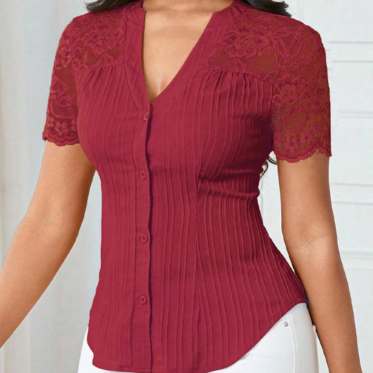 🌼LETZTER TAG – 60 % RABATT👚Sommerbluse mit V-Ausschnitt, Spitzenärmeln und Knopfleiste für Damen