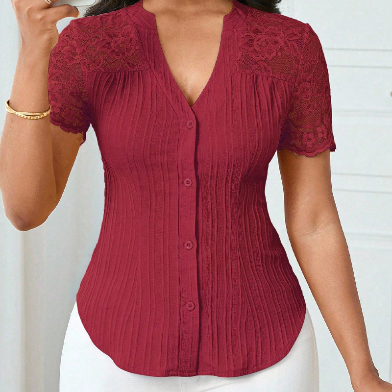 🌼LETZTER TAG – 60 % RABATT👚Sommerbluse mit V-Ausschnitt, Spitzenärmeln und Knopfleiste für Damen