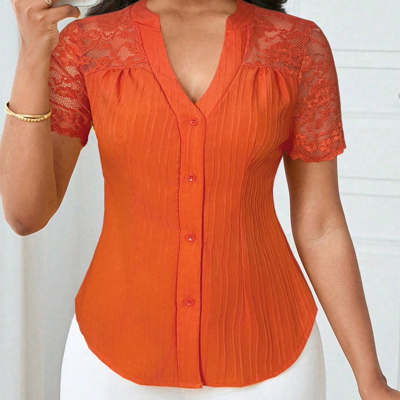 🌼LETZTER TAG – 60 % RABATT👚Sommerbluse mit V-Ausschnitt, Spitzenärmeln und Knopfleiste für Damen