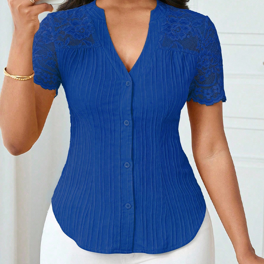 🌼LETZTER TAG – 60 % RABATT👚Sommerbluse mit V-Ausschnitt, Spitzenärmeln und Knopfleiste für Damen