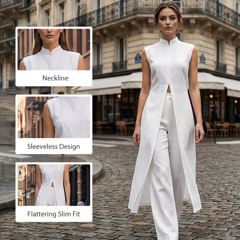 Einfarbiges, zweiteiliges Set aus Oberteil und Hose mit hohem und niedrigem Schlitz.