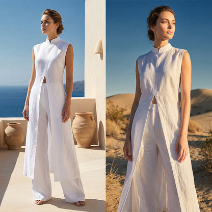 Einfarbiges, zweiteiliges Set aus Oberteil und Hose mit hohem und niedrigem Schlitz.