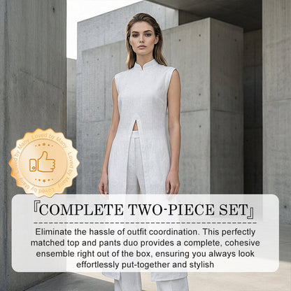 Einfarbiges, zweiteiliges Set aus Oberteil und Hose mit hohem und niedrigem Schlitz.