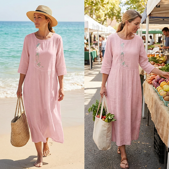 👗 ✨ Lässiges, locker sitzendes Midikleid mit Stickerei – Behaglicher Schnitt, Elegante Details &amp; Hoher Tragekomfort 🌸