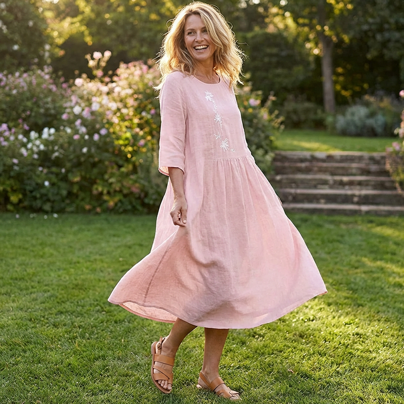 👗 ✨ Lässiges, locker sitzendes Midikleid mit Stickerei – Behaglicher Schnitt, Elegante Details &amp; Hoher Tragekomfort 🌸